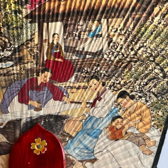 Vintage Asian Japanese Wooden Non-folding Fan Beautiful Paintings on Both Sides - Picture 5 of 9